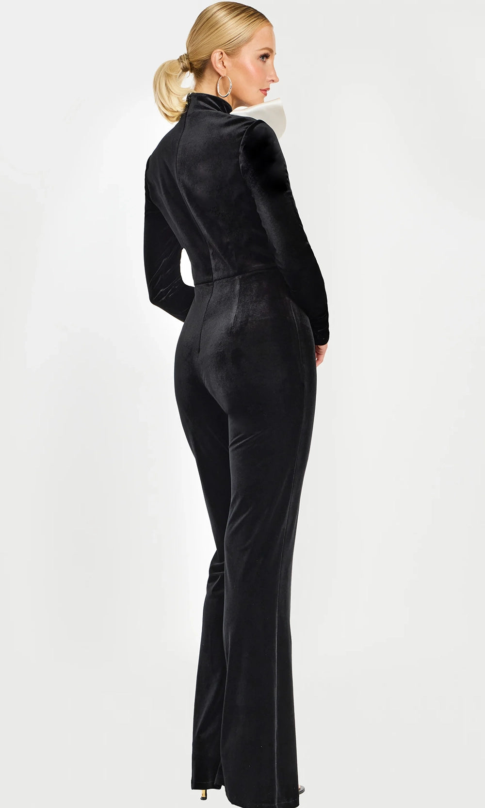 Jovani 46282 - Ruffle Detail Long Sleeve Velvet Jumpsuit - detail view