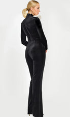 Jovani 46282 - Ruffle Detail Long Sleeve Velvet Jumpsuit - detail view