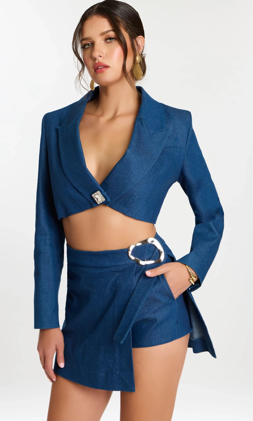 Jovani 46303 - Denim Crystal Button V-Neck Dress - back view