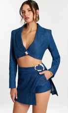 Jovani 46303 - Denim Crystal Button V-Neck Dress - back view