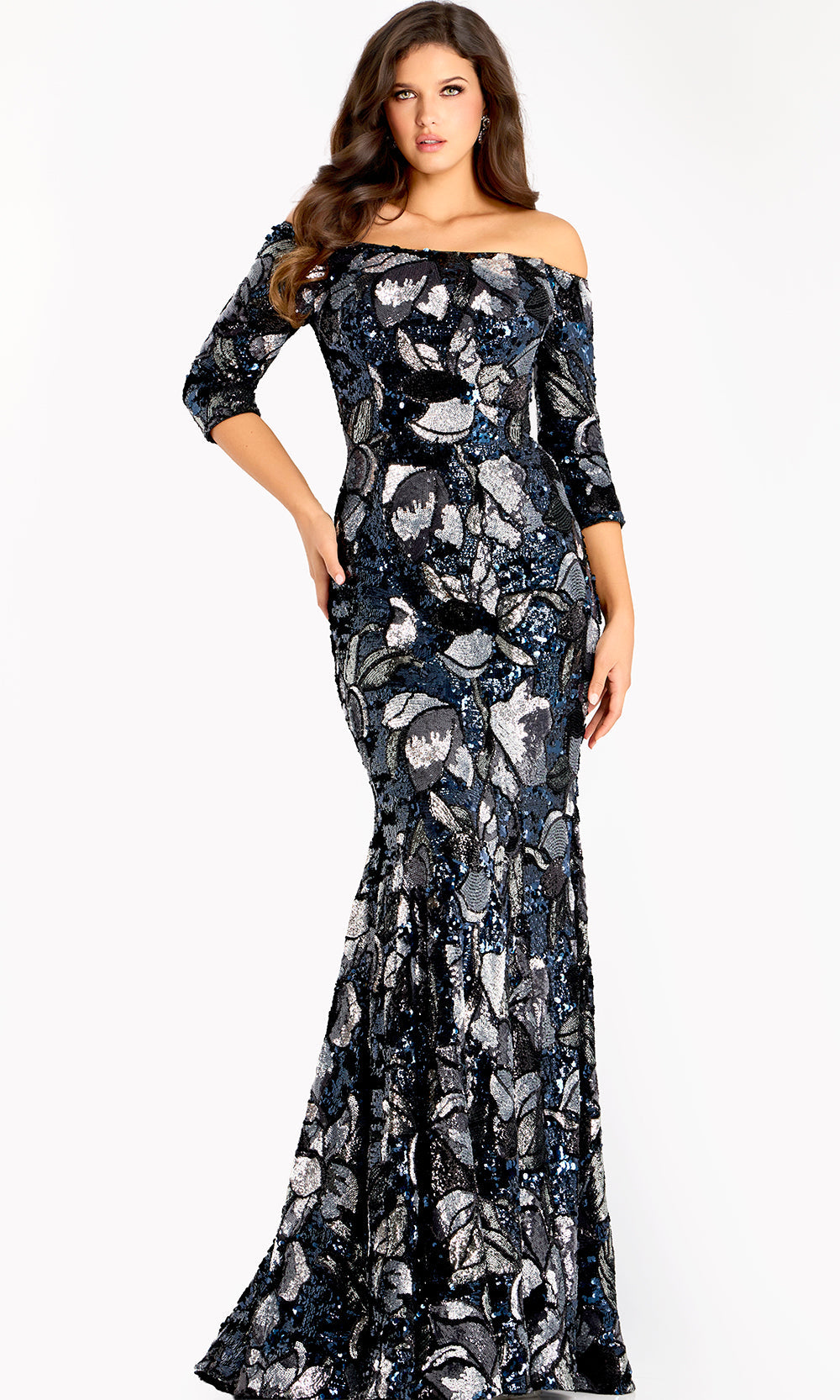 Jovani 46432 - Off Shoulder Sequin Floral Evening Gown - designer mother of the bride dress at Silhouette Dresses