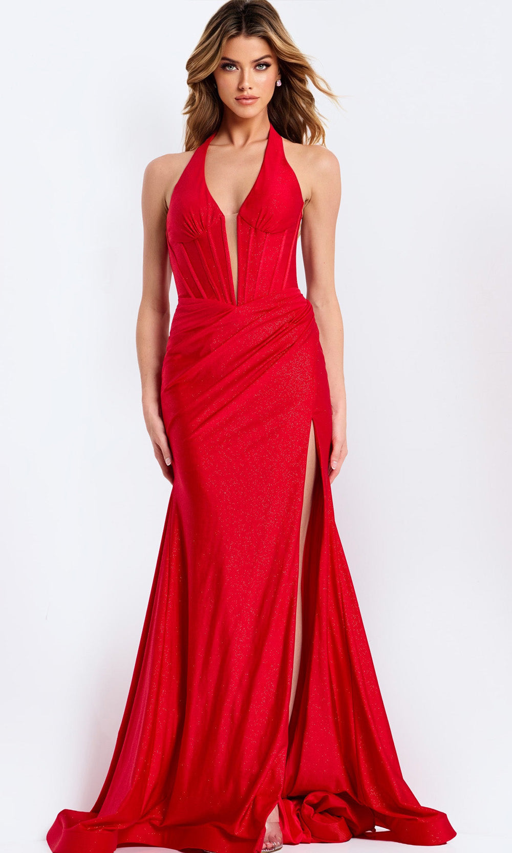 Jovani 46489 - Plunging Halter Slit Prom Gown - detail view