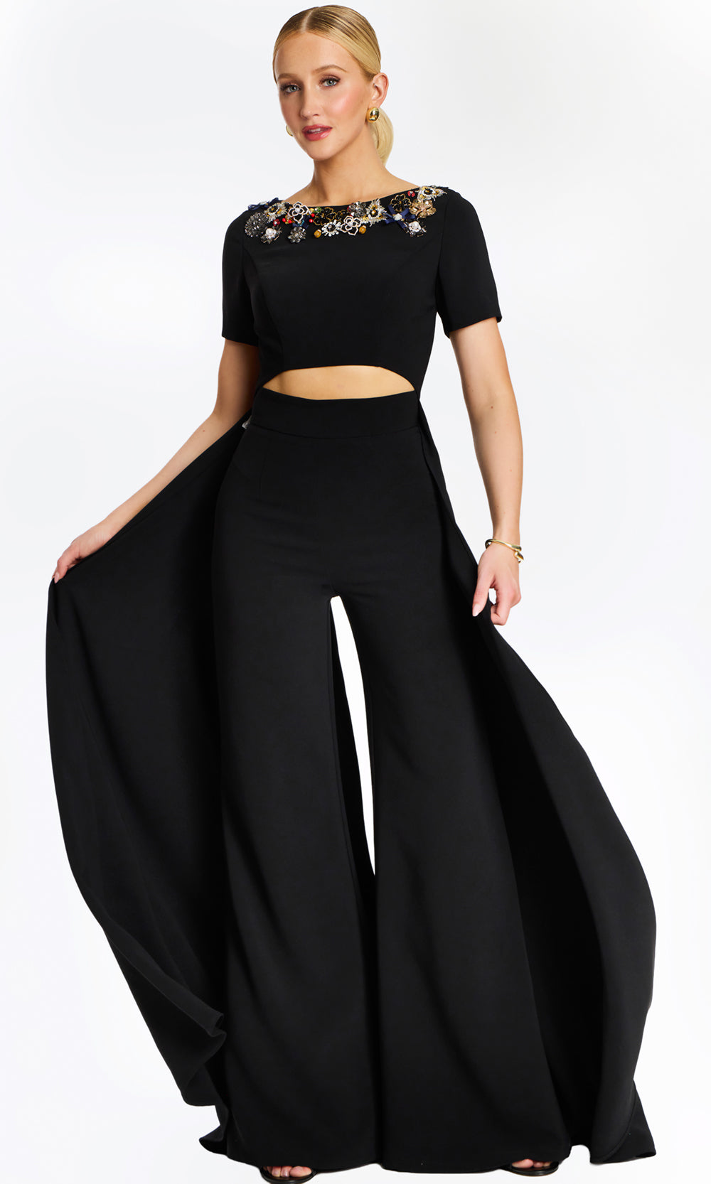 Jovani 46505 - Short Sleeve Midriff Cutout Pantsuit - detail view