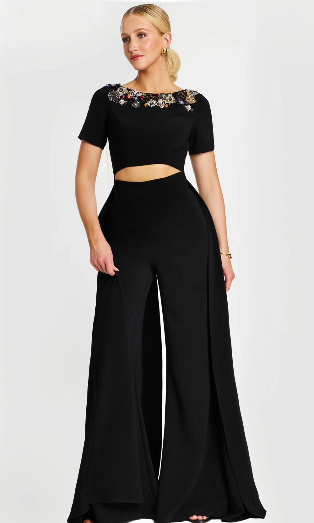 Jovani 46505 - Short Sleeve Midriff Cutout Pantsuit - designer formal jumpsuit at Silhouette Dresses