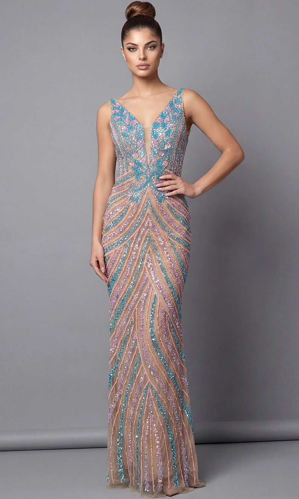 Jovani 46515 - Multicolor Beaded Plunging V-Neck Prom Gown - back view