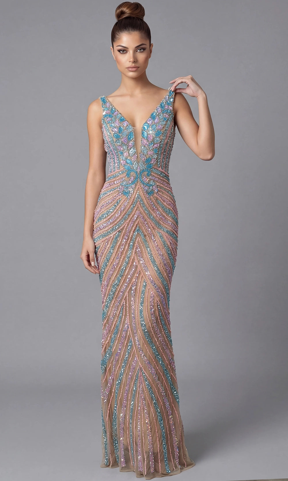 Jovani 46515 - Multicolor Beaded Plunging V-Neck Prom Gown - designer prom dress at Silhouette Dresses