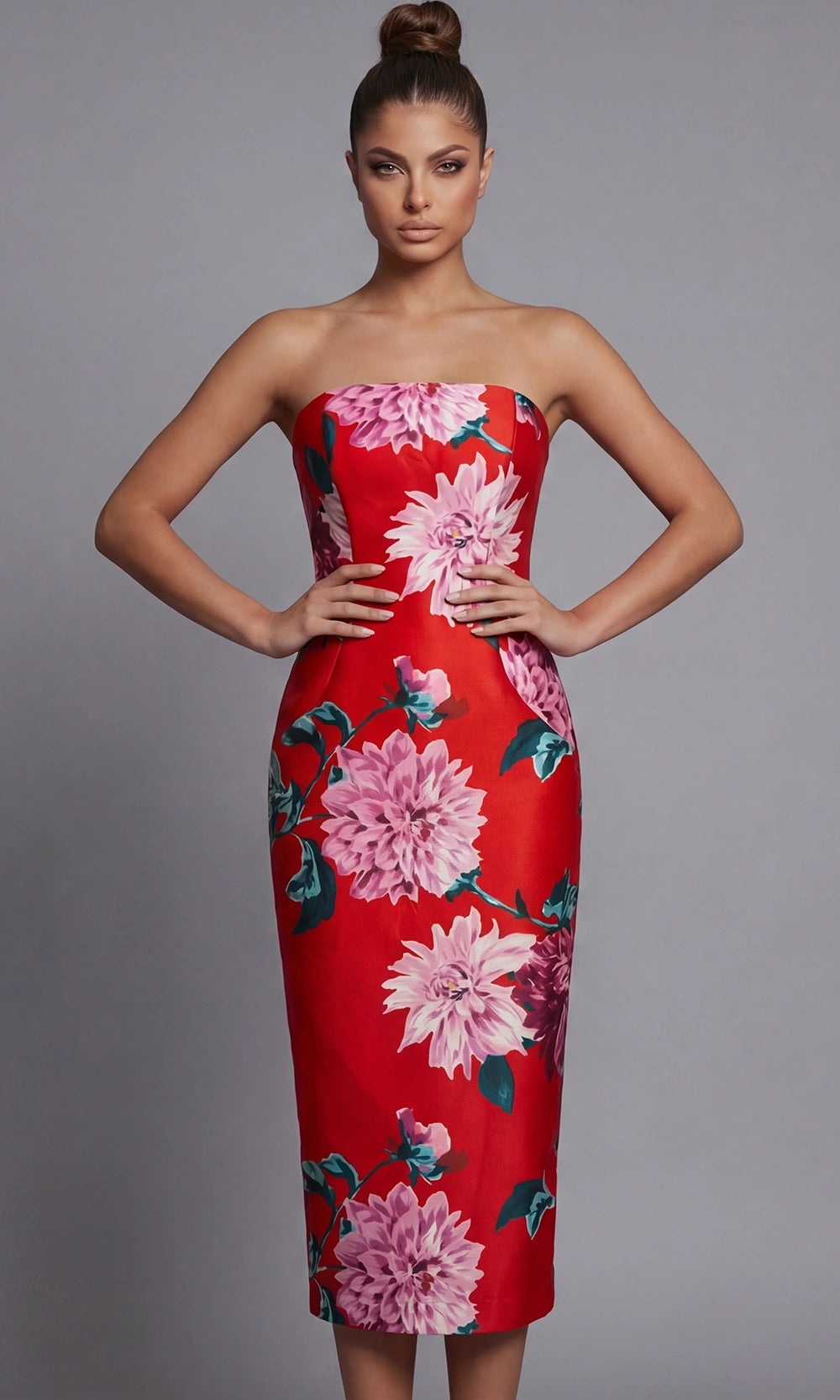 Jovani 46564 - Strapless Floral Tea-Length Column Dress - designer formal gown at Silhouette Dresses