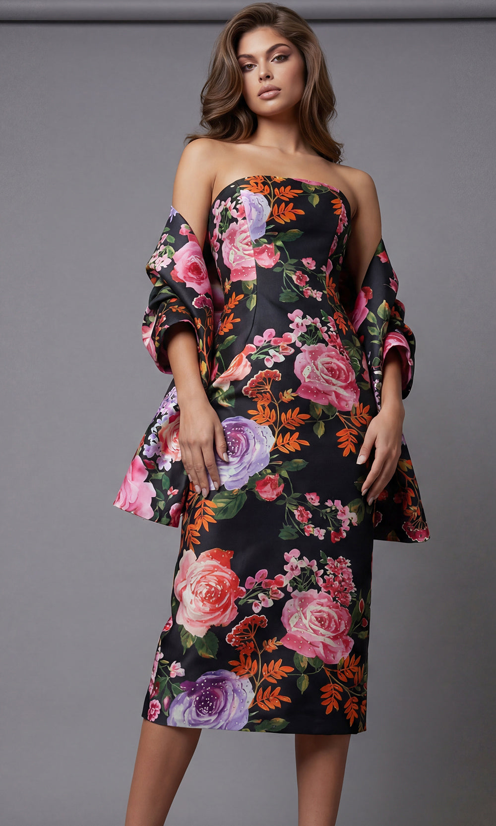 Jovani 46565 - Multicolor Floral Sheath Midi Dress - detail view
