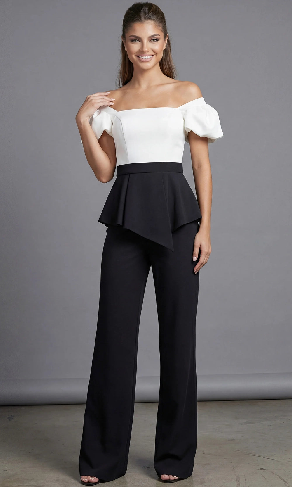 Jovani 46613 - Off Shoulder Puff Sleeve Peplum Pantsuit - view 8