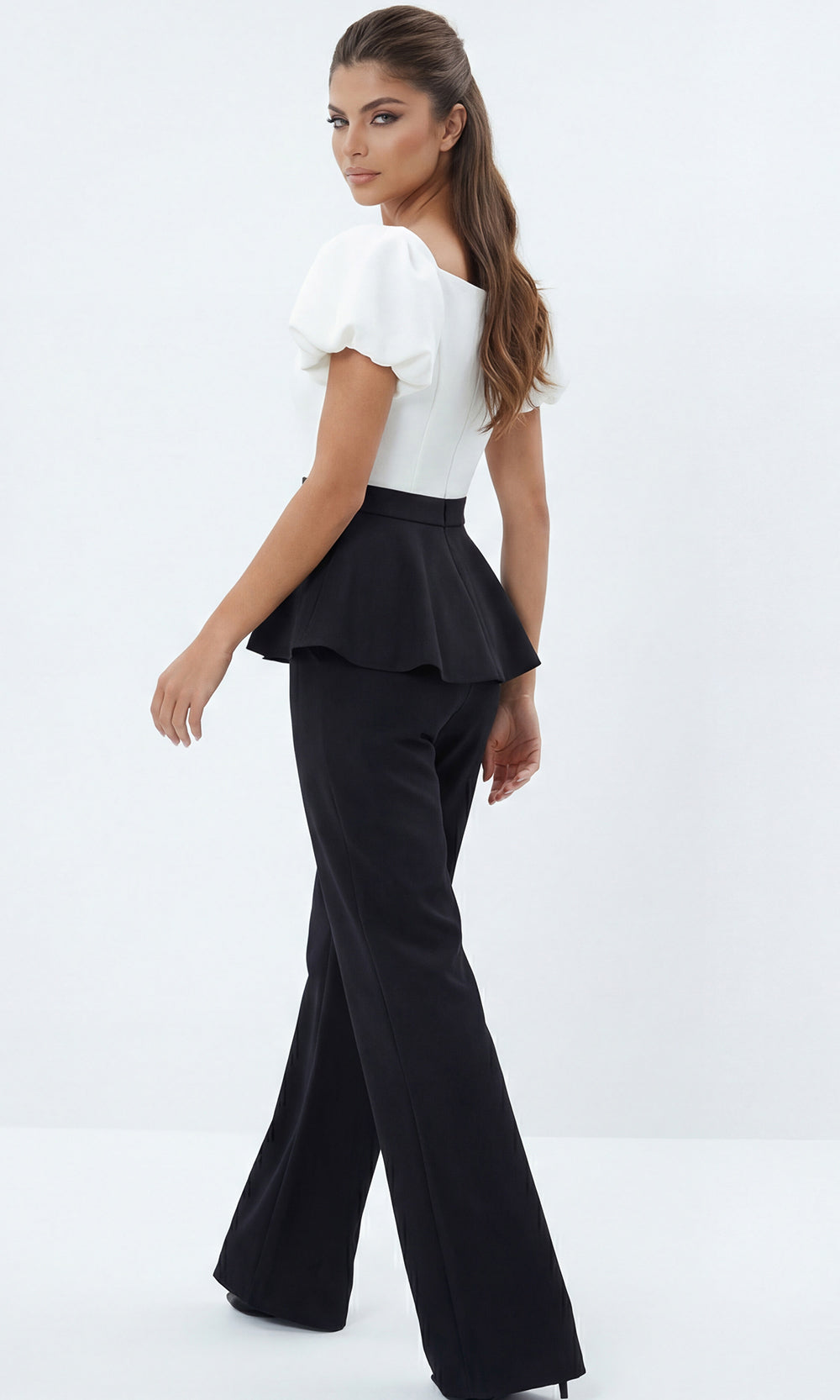 Jovani 46613 - Off Shoulder Puff Sleeve Peplum Pantsuit - detail view