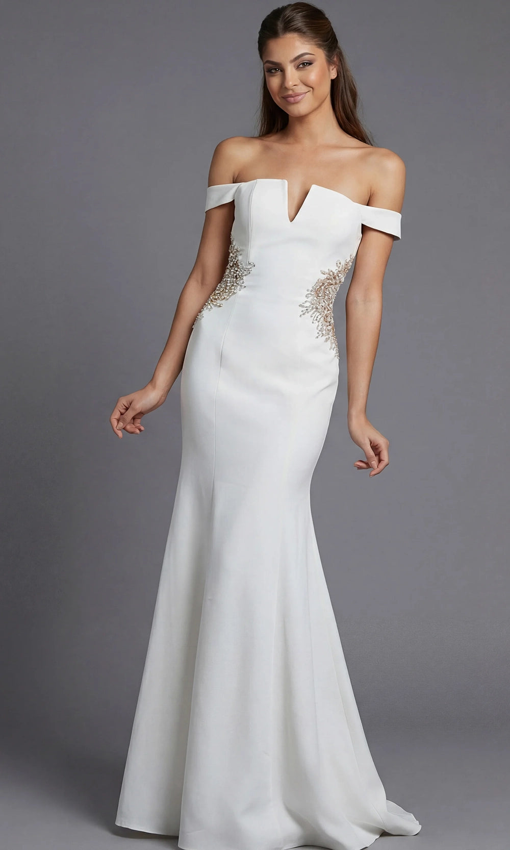 Jovani 46623 - Off Shoulder Crepe Gown with Beaded Applique - designer wedding dress at Silhouette Dresses