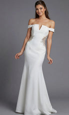Jovani 46623 - Off Shoulder Crepe Gown with Beaded Applique - designer wedding dress at Silhouette Dresses