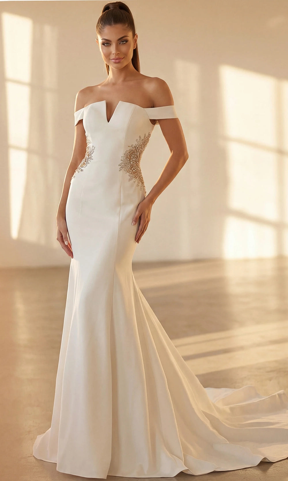 Jovani 46623 - Off Shoulder Crepe Gown with Beaded Applique - view 4