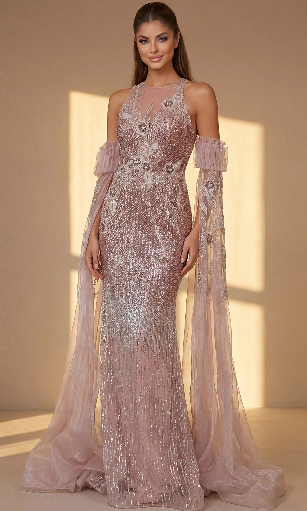 Jovani 46674 - Sheer Sleeve Allover Beaded Long Gown - view 4