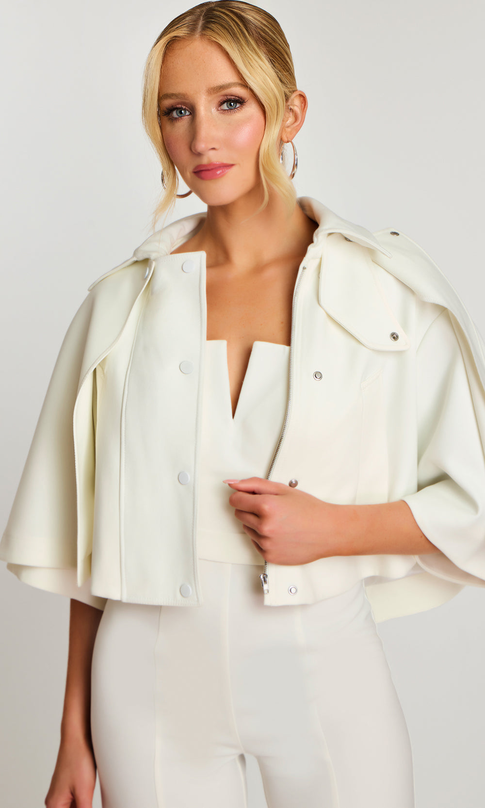 Jovani 46781 - Cropped Cape Jacket Wide Leg Jumpsuit - detail view