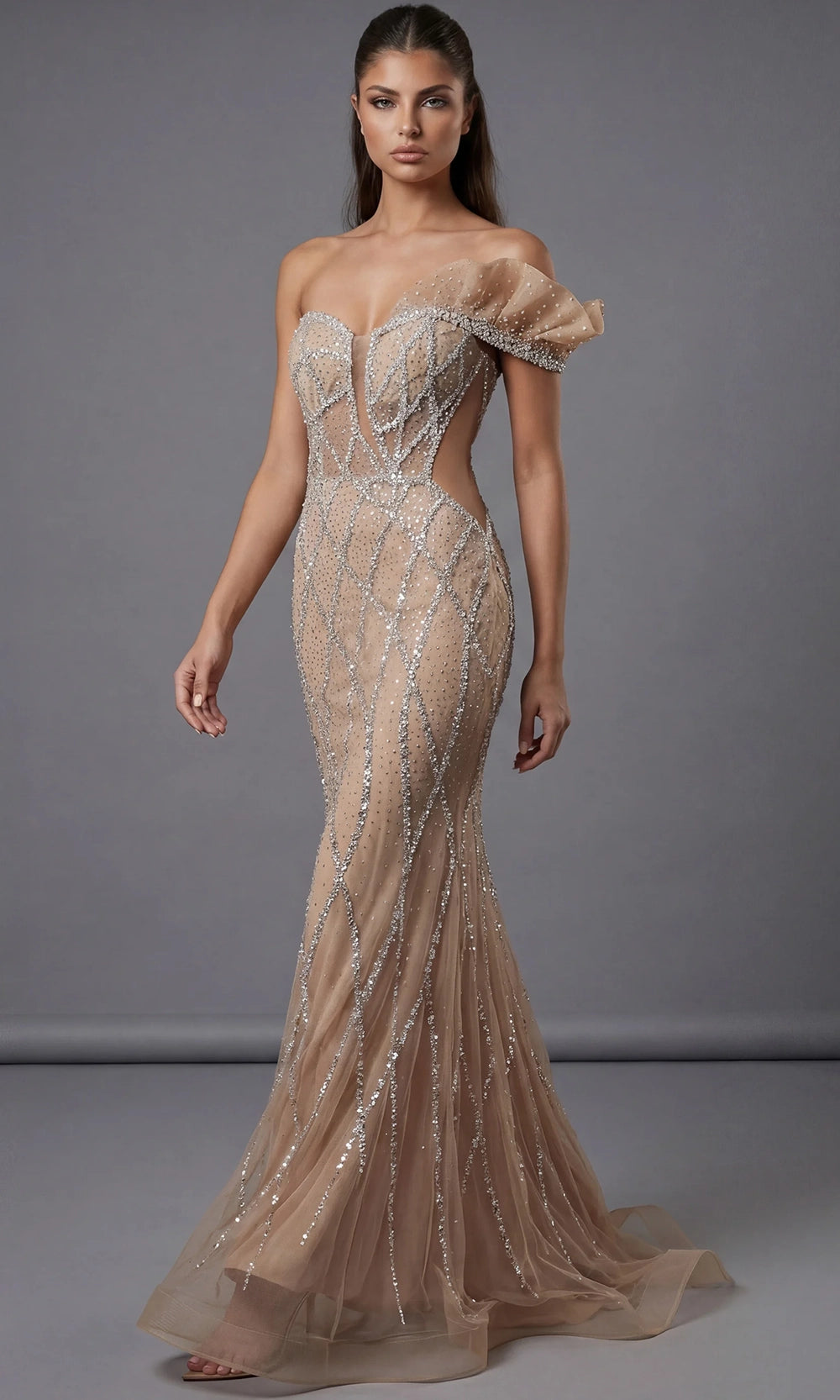 Jovani 46870 - Crystal Lattice Ruffled Sleeve Evening Gown - view 5