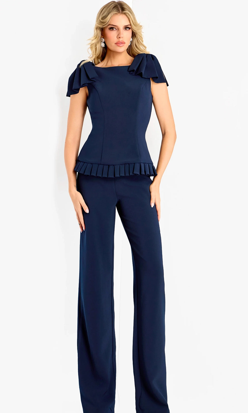 Jovani 47022 - Flutter Shoulder Detail Crepe Pantsuit - designer formal jumpsuit at Silhouette Dresses