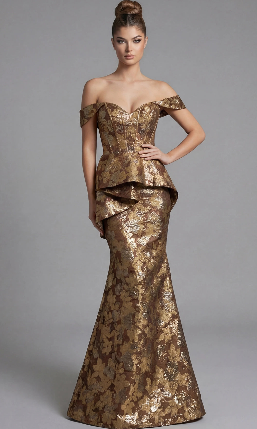 Jovani 47052 - Off Shoulder Floral Gown with Peplum - designer pageant gown at Silhouette Dresses
