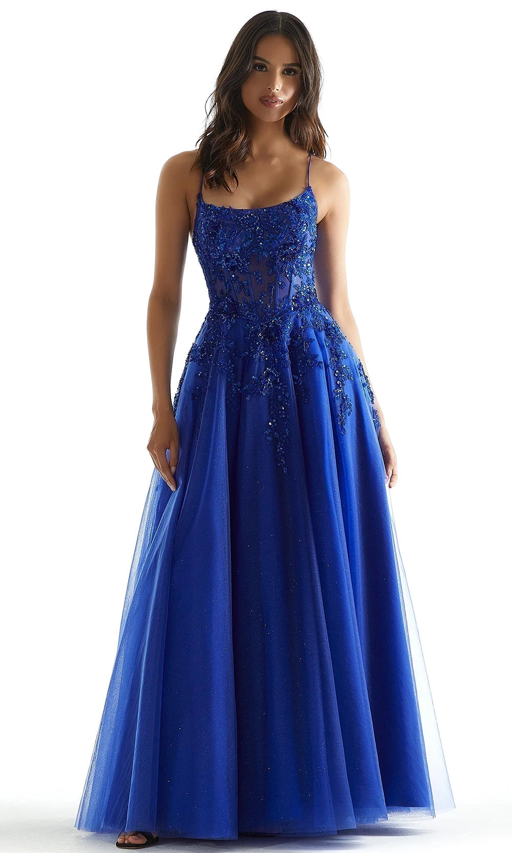 Mori Lee 49321 - Beaded Lace Applique Scoop Prom Gown - detail view
