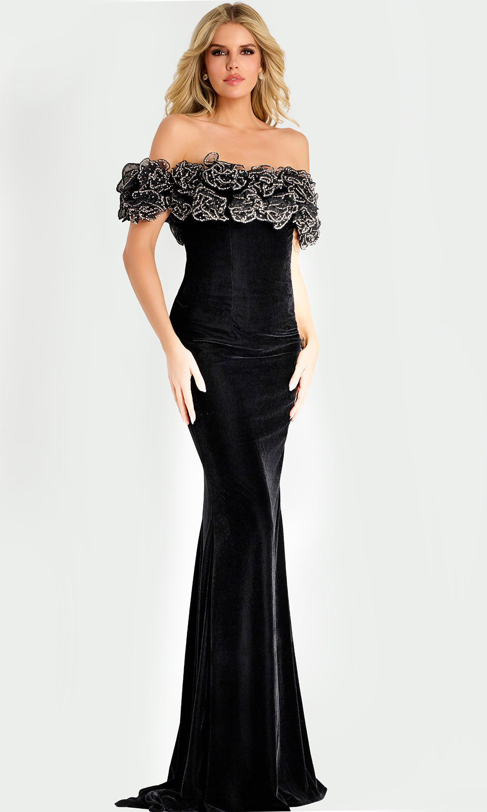 Jovani 47086 - Beaded Ruffle Trim Sheath Velvet Gown - designer mother of the bride dress at Silhouette Dresses