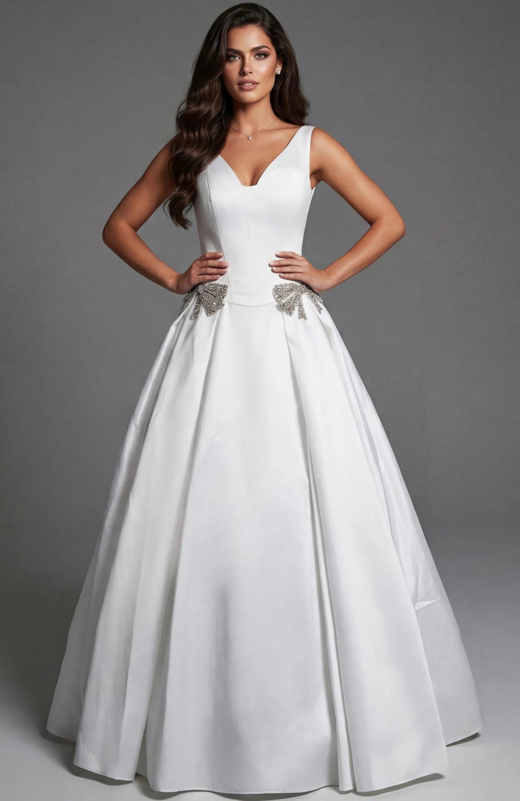 Jovani 47096 - Rhinestone Bow Strapless Satin Ballgown - back view
