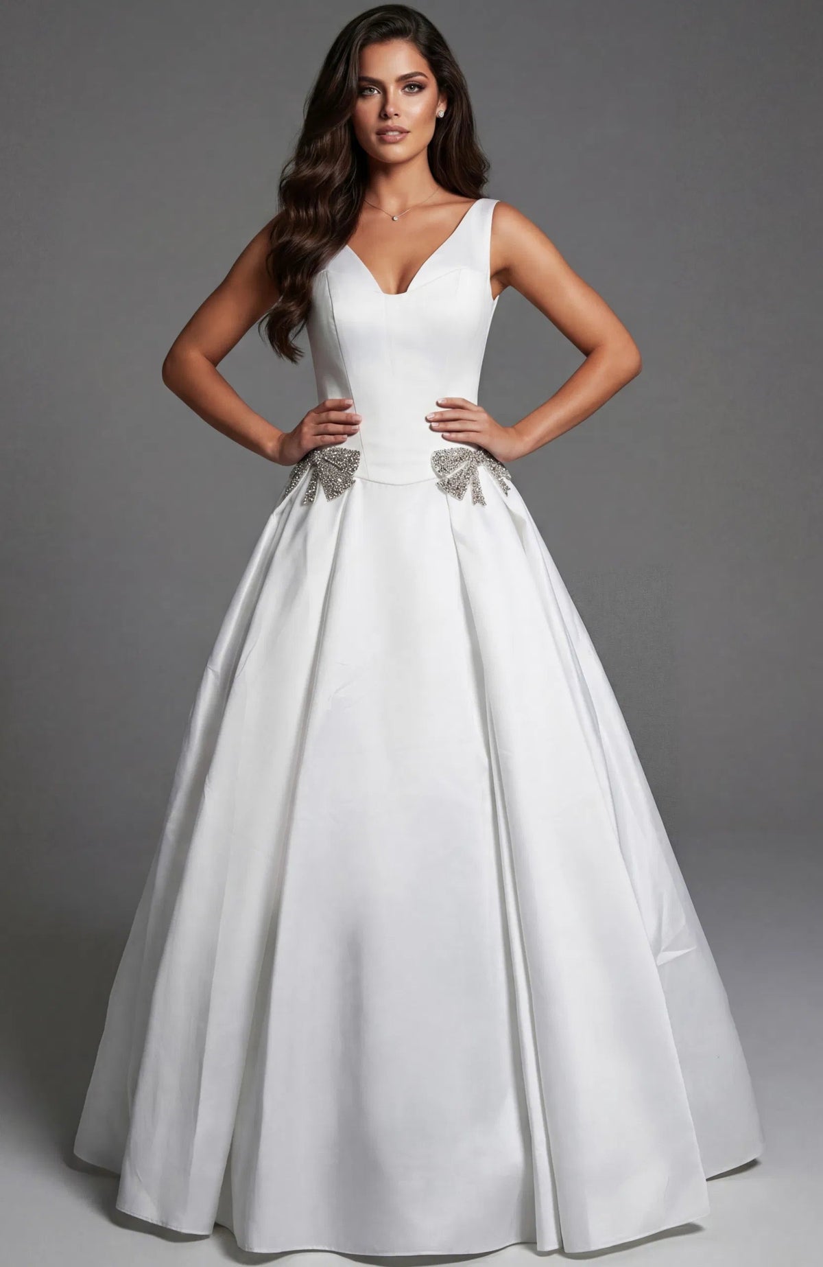 Jovani 47096 - Rhinestone Bow Strapless Satin Ballgown - back view