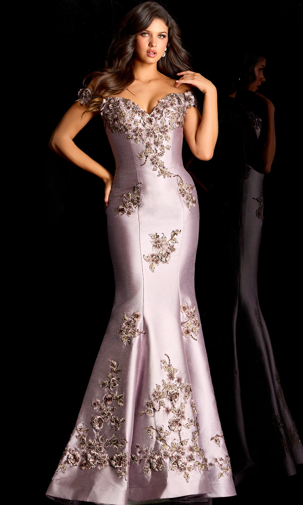 Jovani 47217 - Off Shoulder Satin Gown with Floral Embroidery - designer mother of the bride dress at Silhouette Dresses