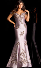 Jovani 47217 - Off Shoulder Satin Gown with Floral Embroidery - designer mother of the bride dress at Silhouette Dresses