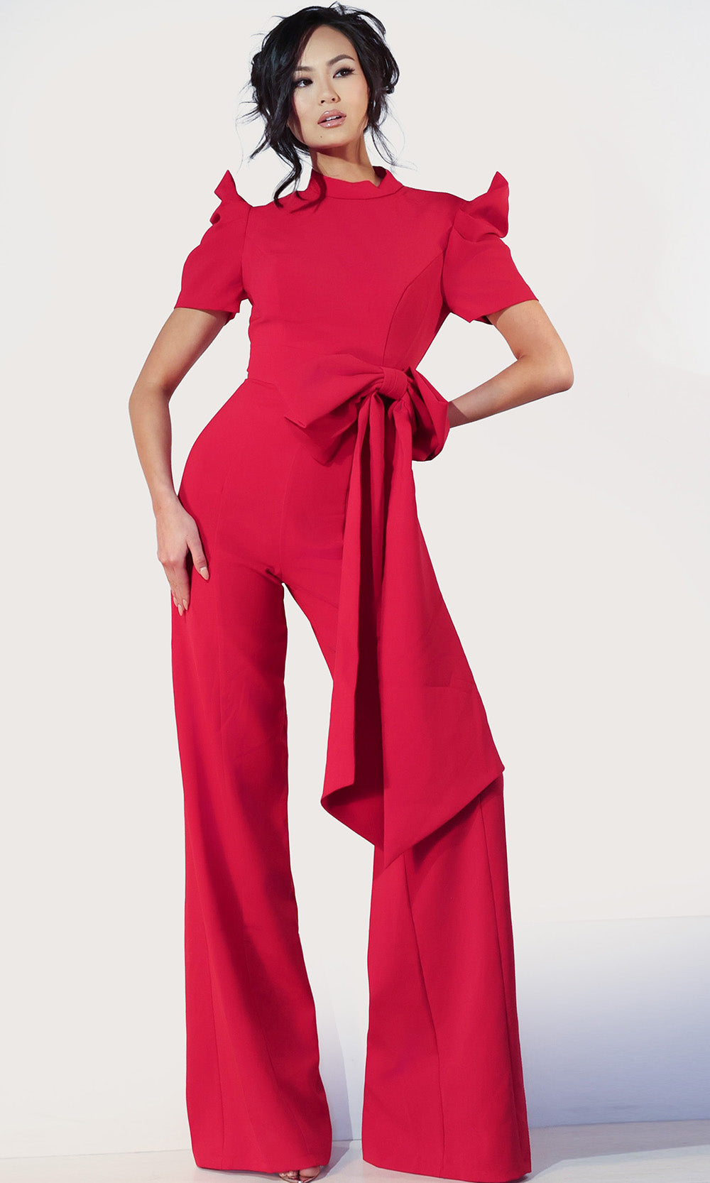 Jovani 47232 - Puff Sleeve Bow Waist Jumpsuit - designer formal jumpsuit at Silhouette Dresses