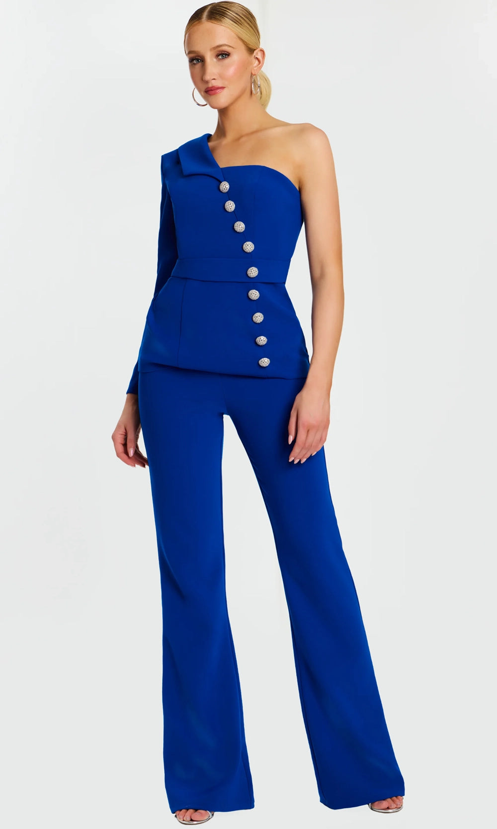Jovani 47234 - One Sleeved Pantsuit with Crystal Buttons - back view
