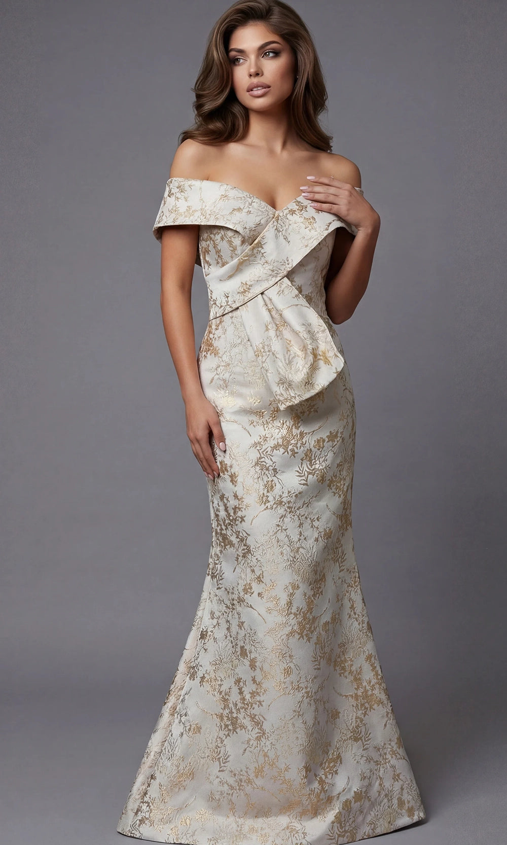 Jovani 47392 - Fold-Over Neckline Brocade Mermaid Gown - designer mother of the bride dress at Silhouette Dresses