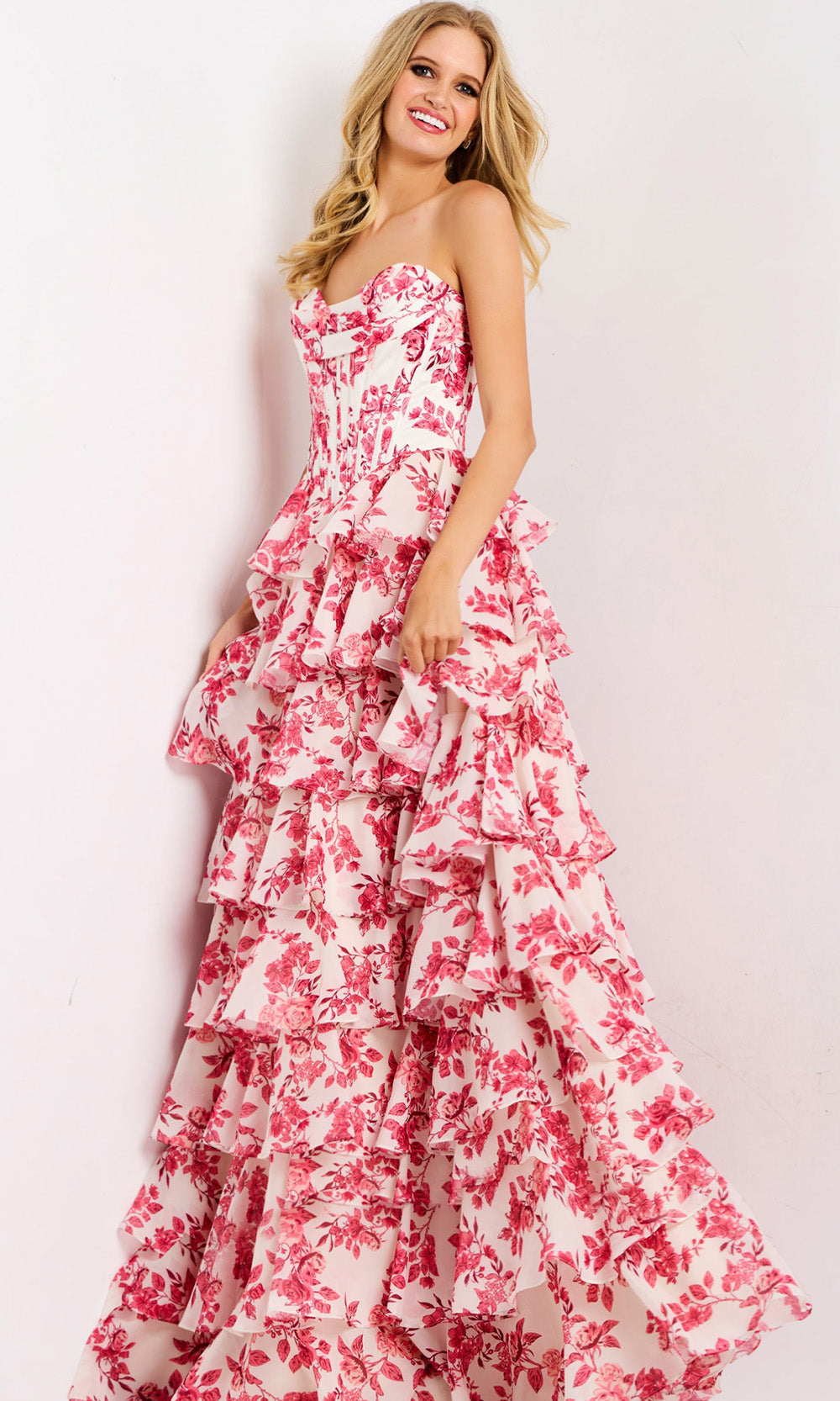 Jovani 47404 - Strapless Tiered Floral Print Gown - back view