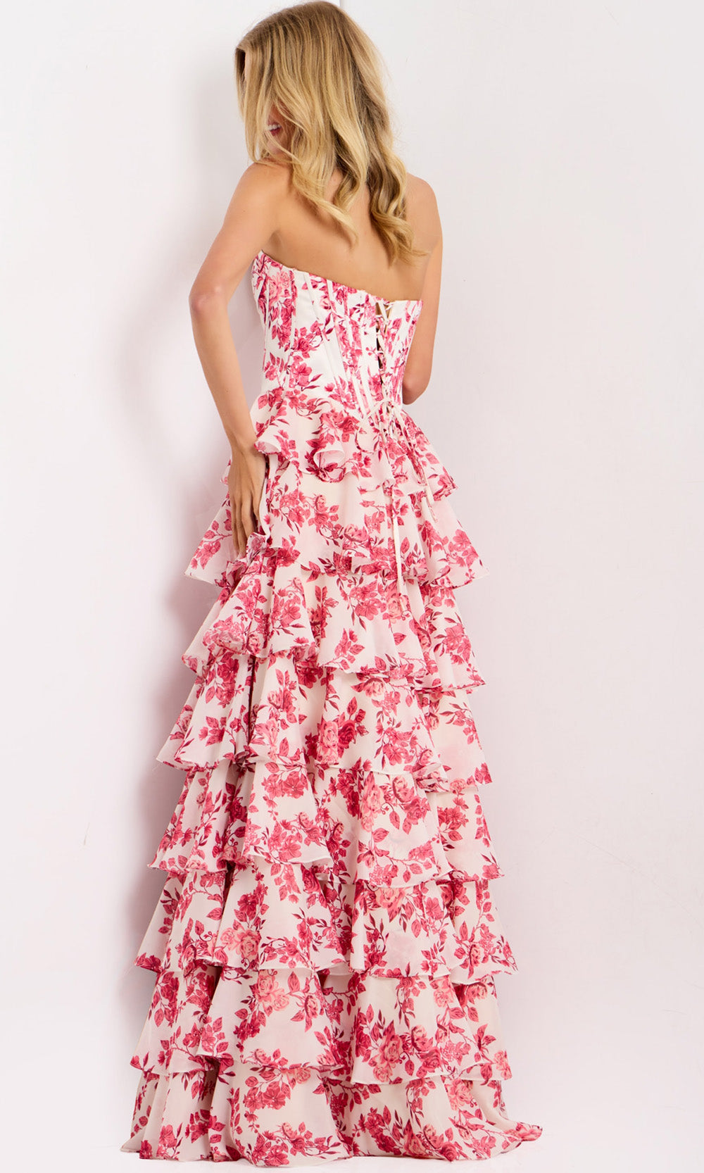 Jovani 47404 - Strapless Tiered Floral Print Gown - detail view