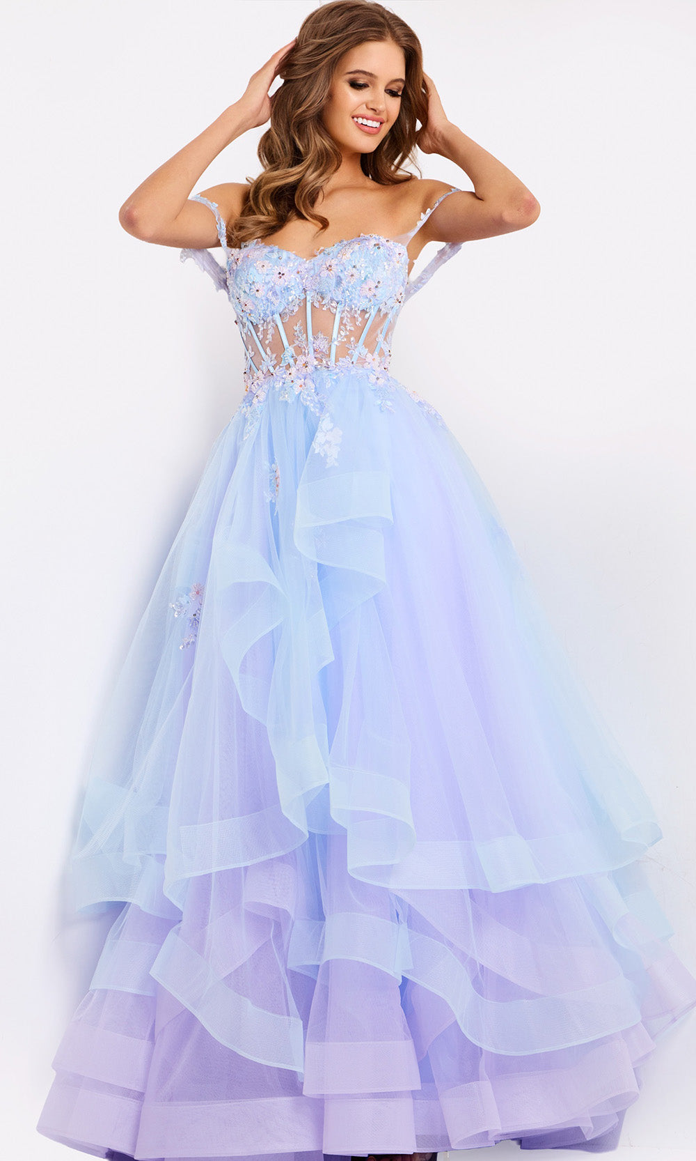 Jovani 47427 - Off Shoulder Floral Layered Ballgown - designer ball gown at Silhouette Dresses