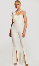 Jovani 47545 - Asymmetric Neck Floral Accent Flared Jumpsuit - designer formal jumpsuit at Silhouette Dresses