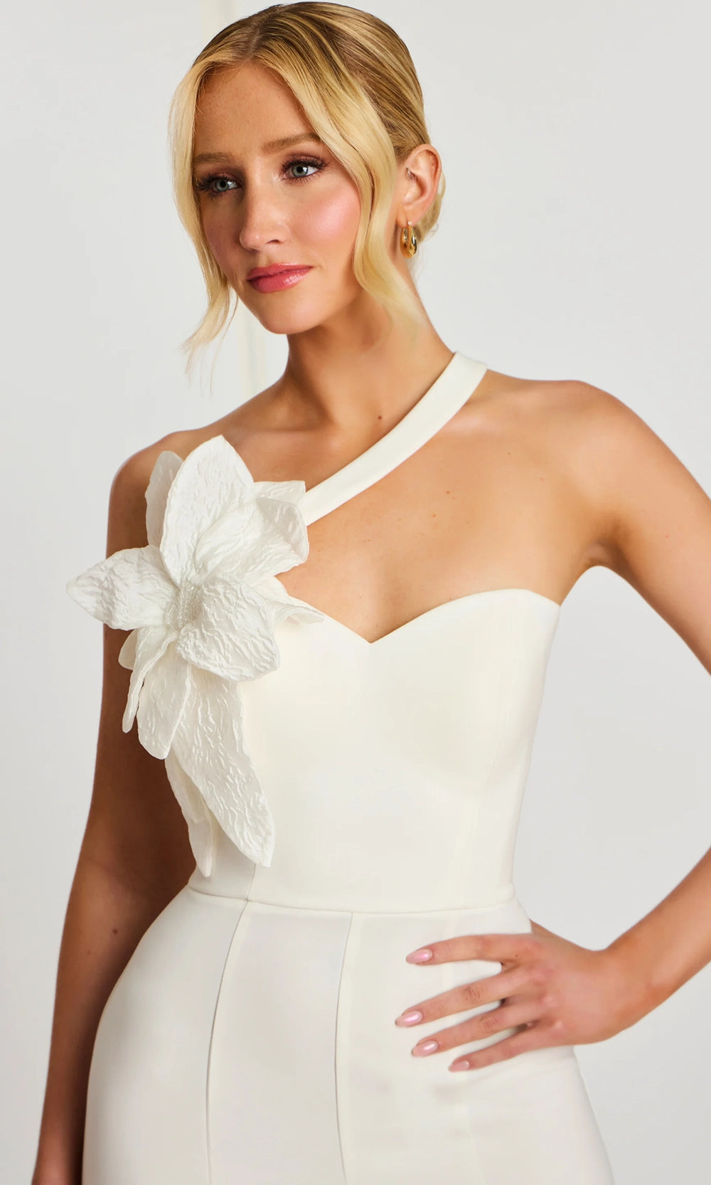 Jovani 47545 - Asymmetric Neck Floral Accent Flared Jumpsuit - detail view