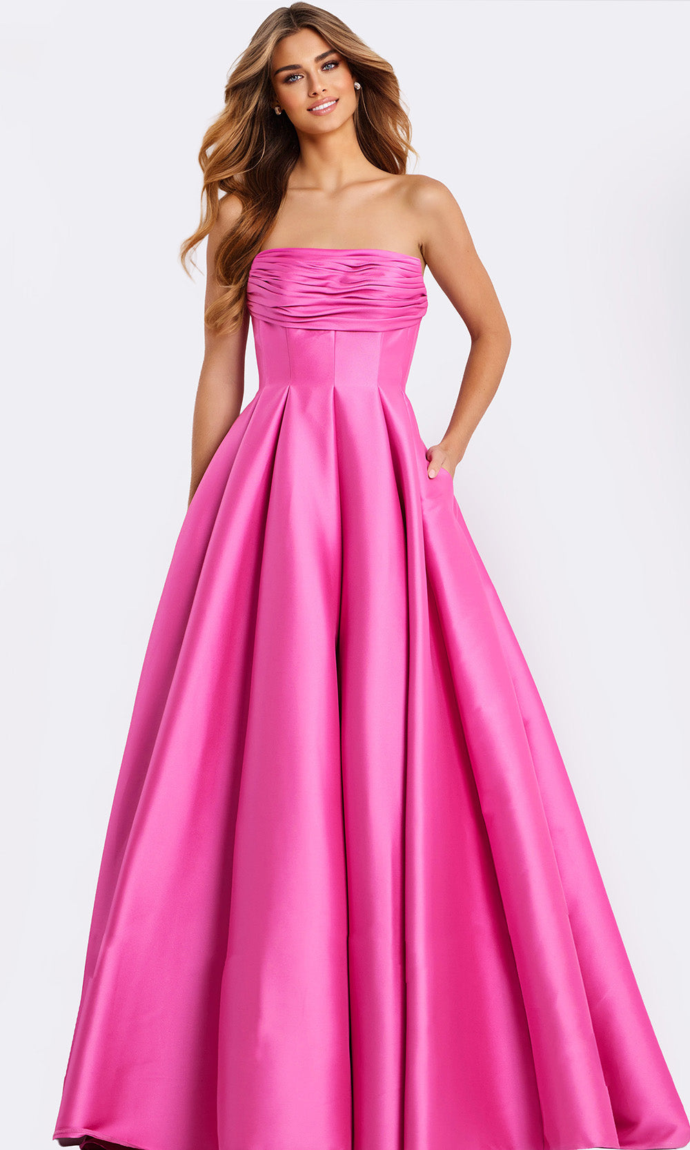 Jovani 47570 - Straight Neckline Ruched Satin Ballgown - designer ball gown at Silhouette Dresses