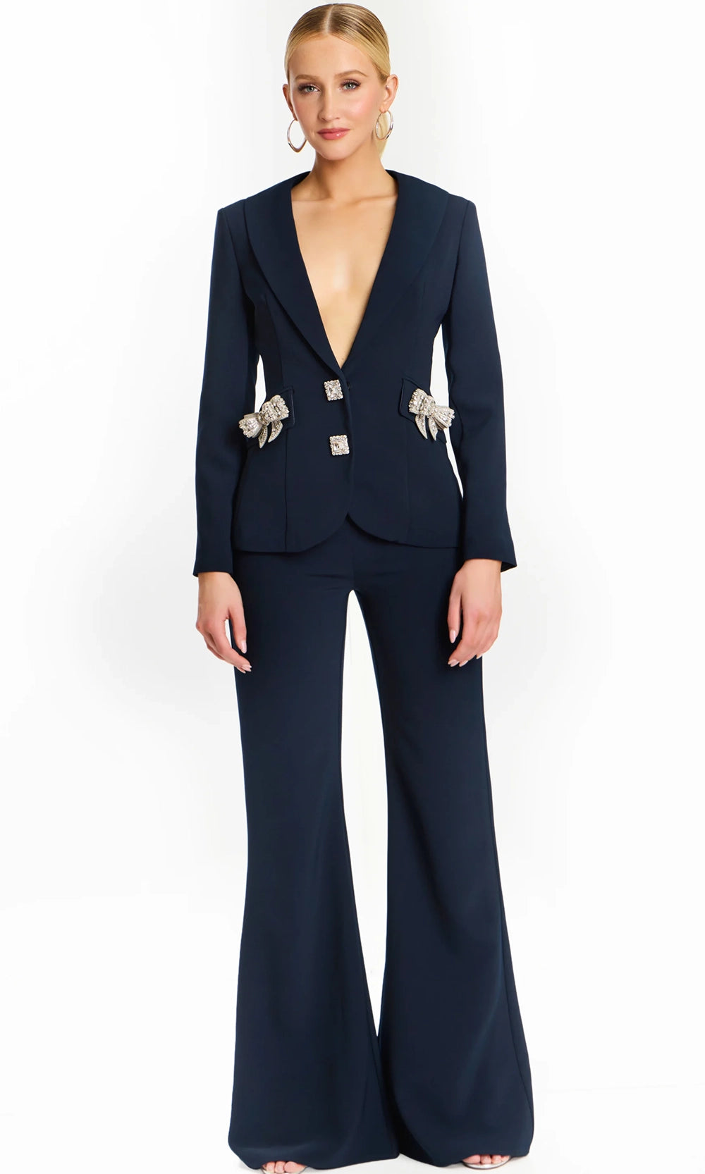 Jovani 47615 - Long Sleeve Statement Pantsuit with Beaded Bows - designer formal jumpsuit at Silhouette Dresses
