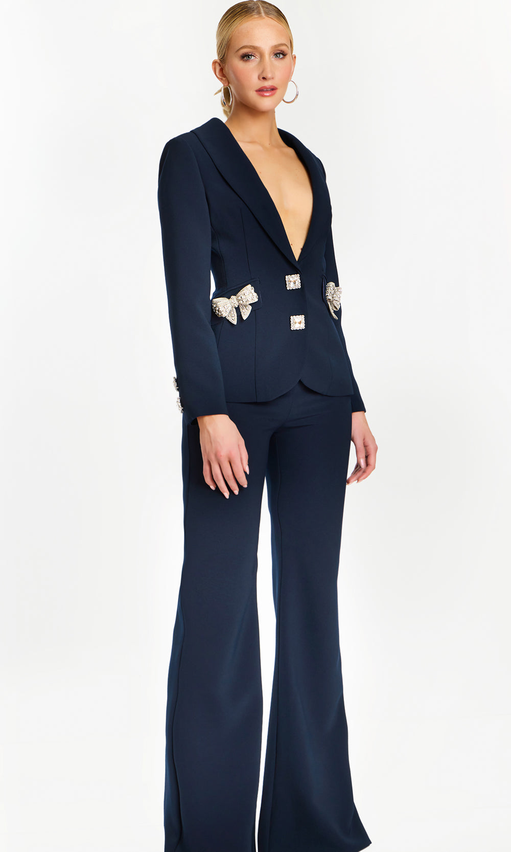 Jovani 47615 - Long Sleeve Statement Pantsuit with Beaded Bows - back view