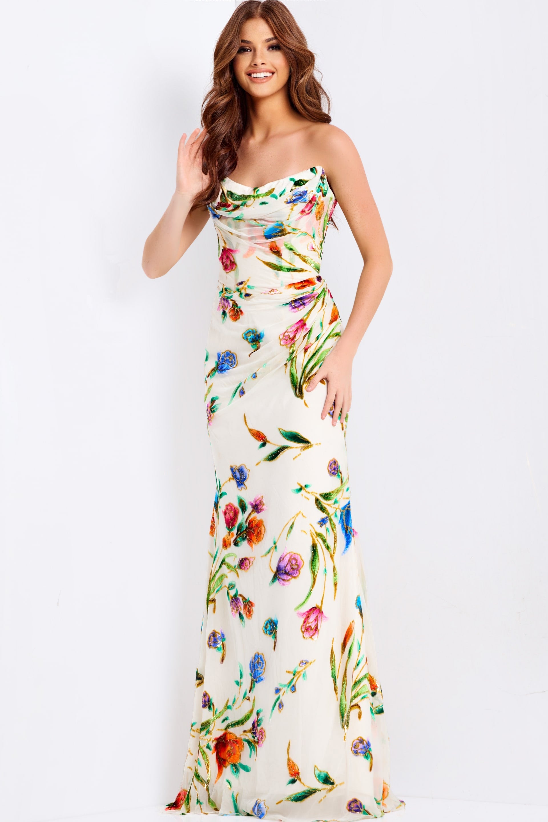 Jovani 47626 - Multicolor Floral Cowl Prom Dress - detail view