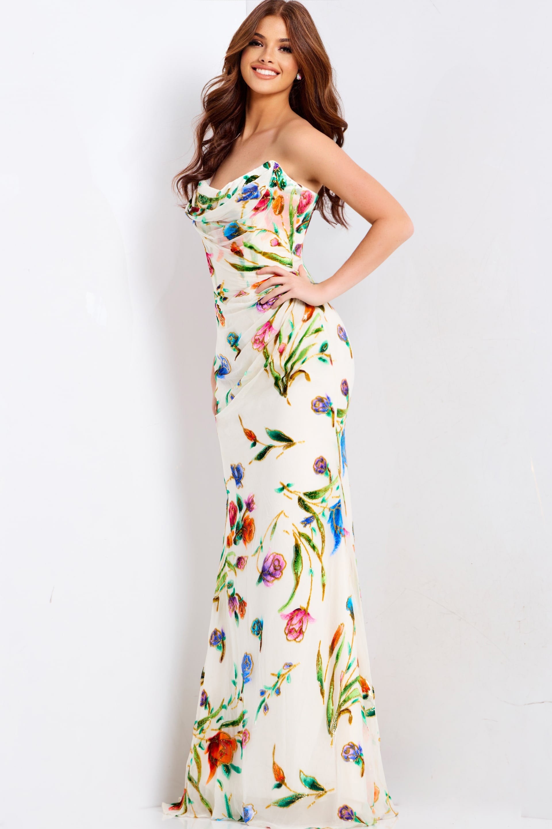 Jovani 47626 - Multicolor Floral Cowl Prom Dress - back view