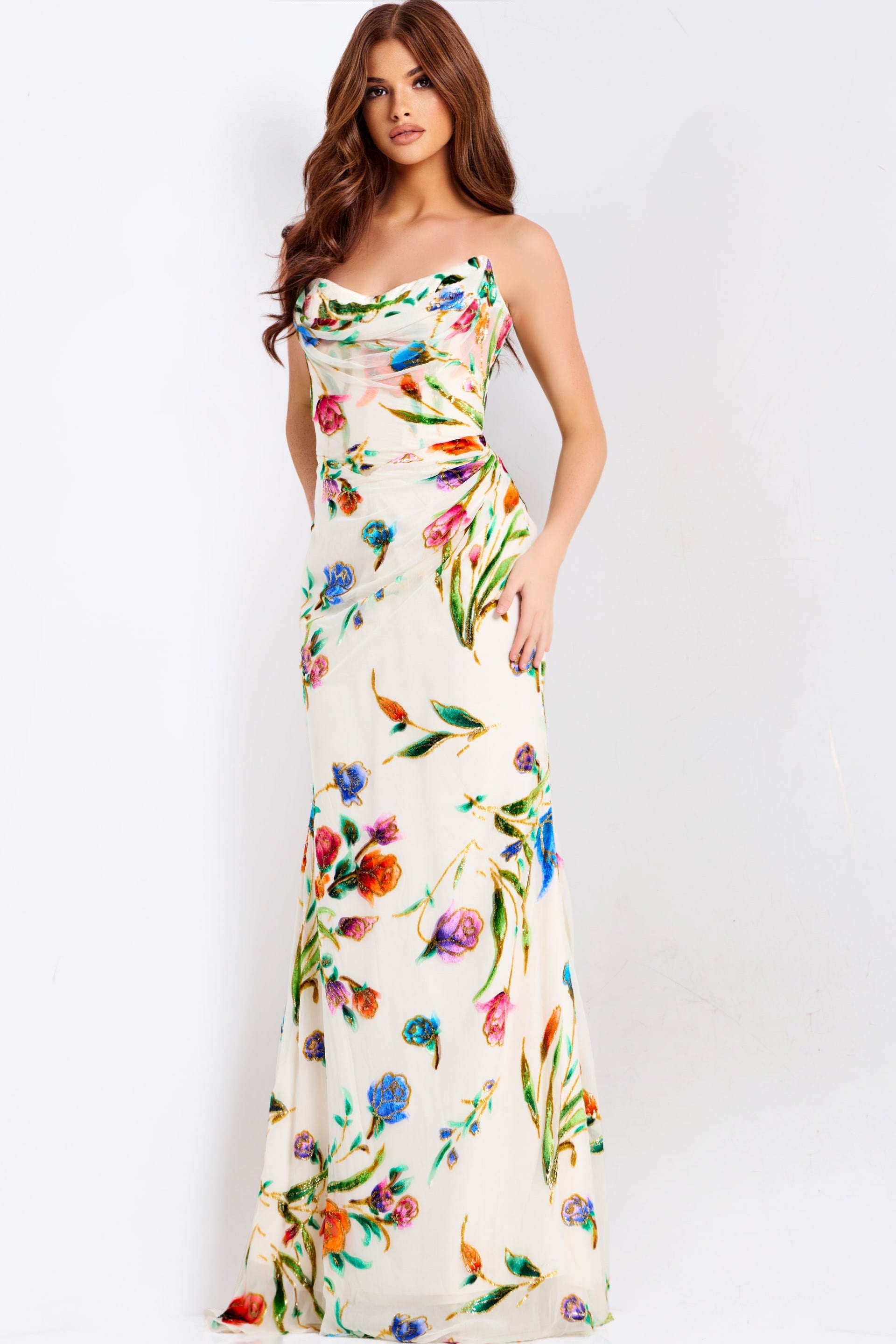 Jovani 47626 - Multicolor Floral Cowl Prom Dress - designer prom dress at Silhouette Dresses