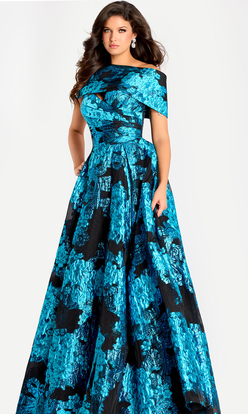 Jovani 47630 - Metallic Jacquard Pleated A-Line Gown - detail view