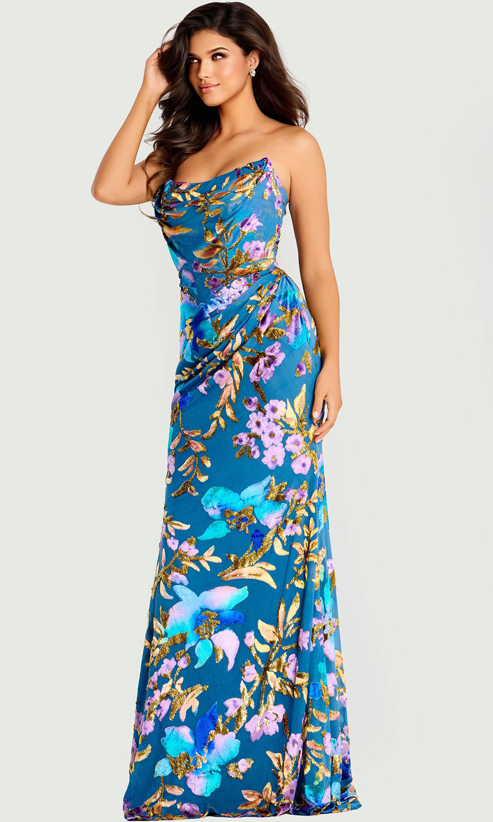Jovani 47654 - Draped Bodice Floral Satin Prom Dress - view 5