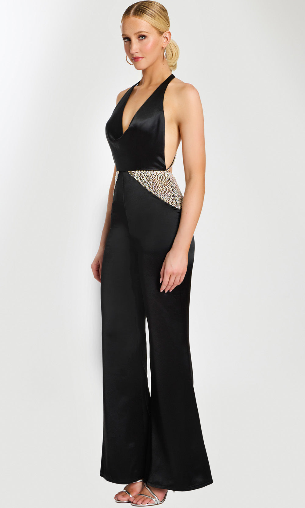 Jovani 47720 - Crystal Waist Wide Leg Jumpsuit - detail view