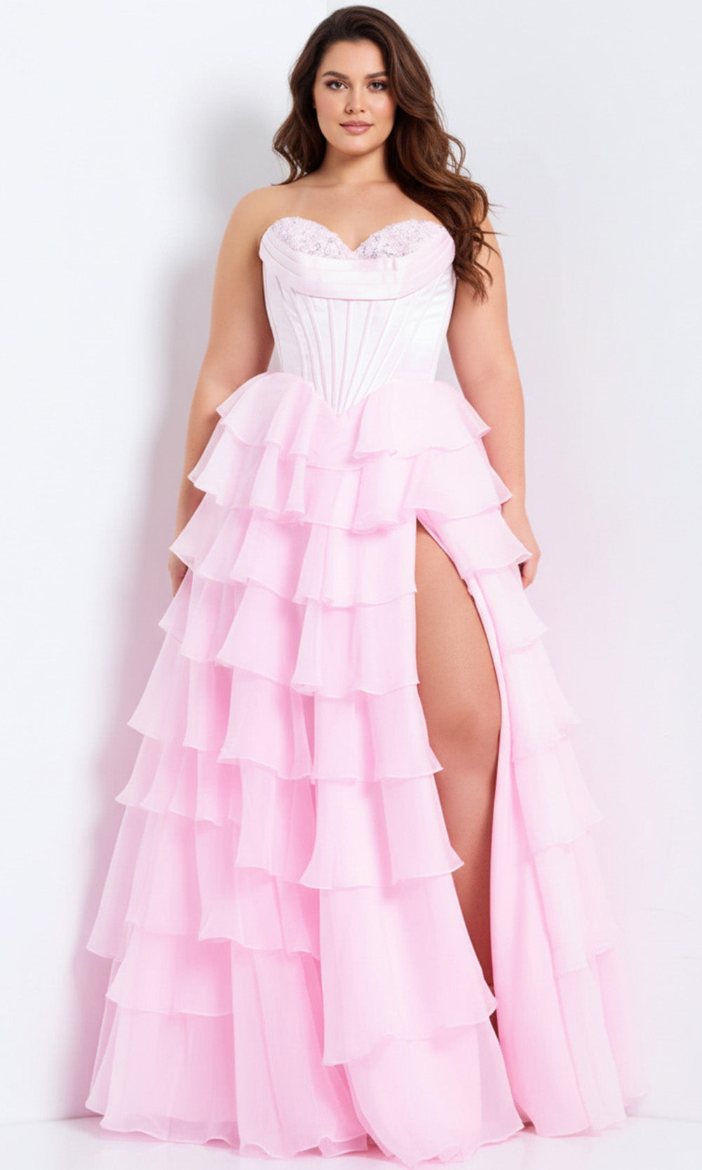 Jovani 47762 - Strapless Tiered Ruffle Ballgown with Slit - designer ball gown at Silhouette Dresses