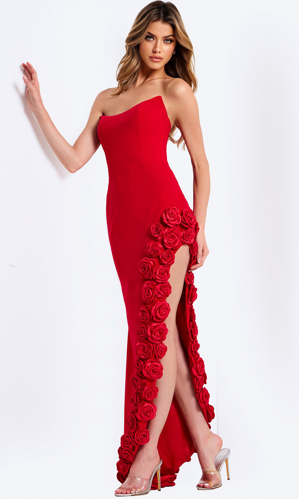 Jovani 47798 - Rosette Applique Strapless Asymmetric Hem Gown - back view