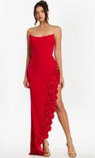 Jovani 47798 - Rosette Applique Strapless Asymmetric Hem Gown - detail view