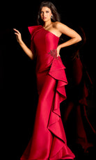 Jovani 48003 - Asymmetric Satin Evening Gown with Side Ruffle - back view