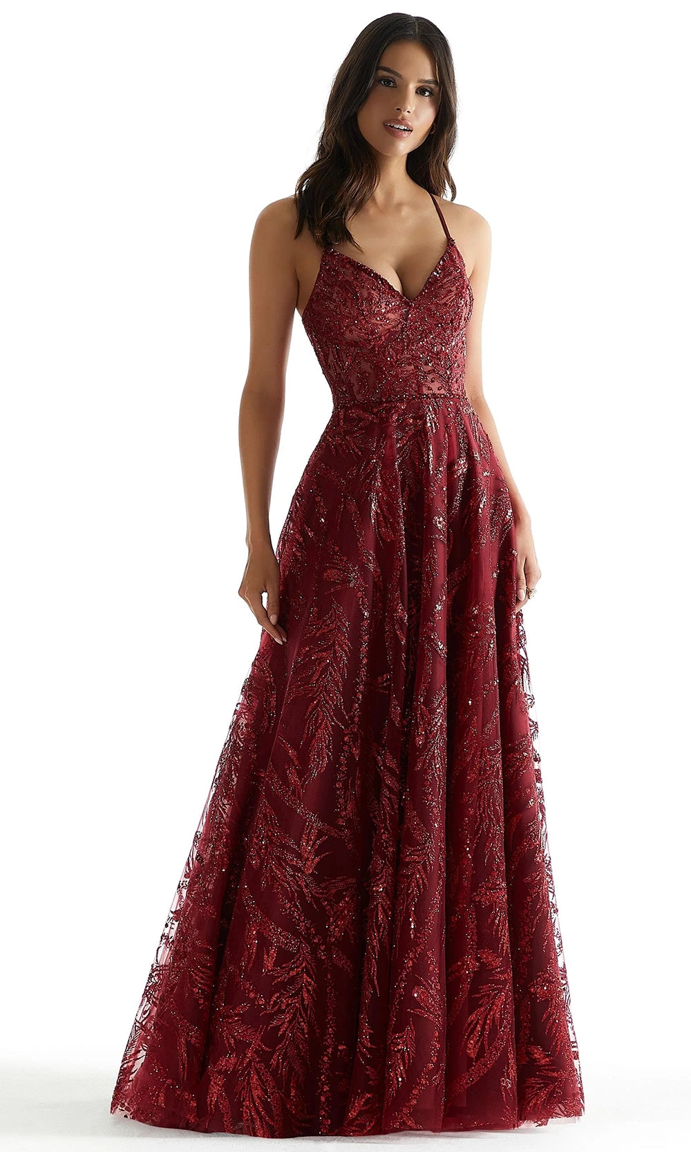 Mori Lee 49323 - Leaf Patterned V-Neckline Prom Gown - detail view